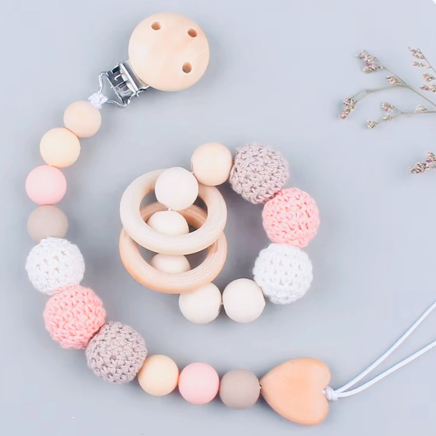 Pink Silicone Dummy Clip & Teething Toy